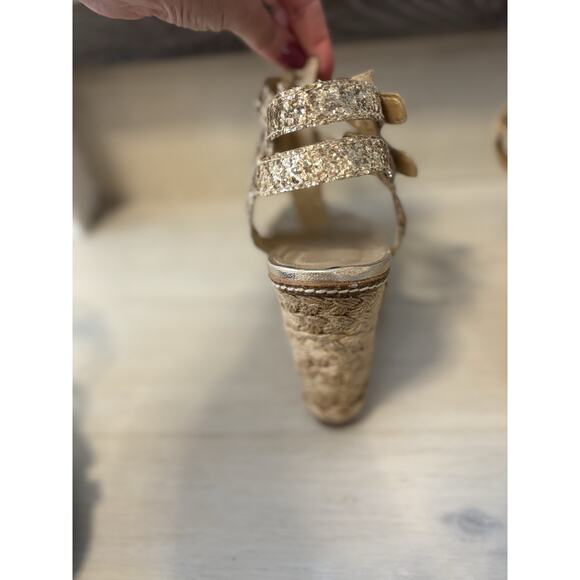 Stuart Weitzman Wedge Sandals Gold Glitter Slingbacks Espadrilles Women’s 7.5 - Picture 3 of 5